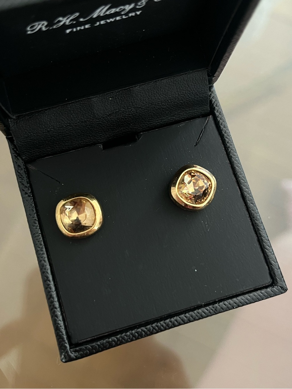 Authentic Vintage Dior Square Yellow Rhinestone Crystal 14k Gold Post Earrings